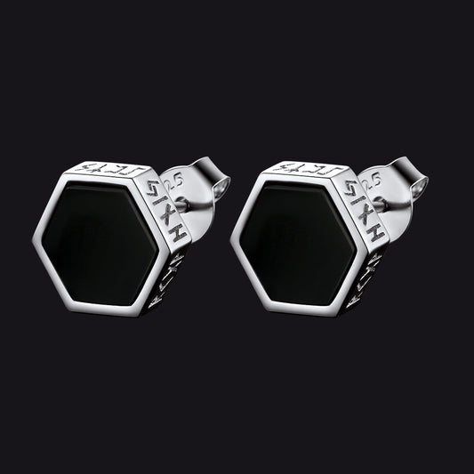 Brincos de pino Viking Rune Hexagon Black Onyx para homens