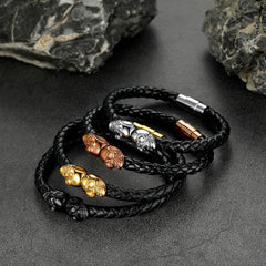 Black Braided Leather Skull Bracelet