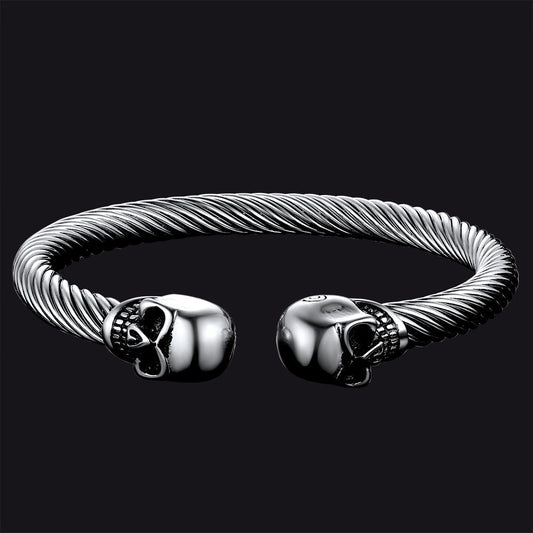 Twin Skull Cuff Twisted Cable Bangle Bracelet