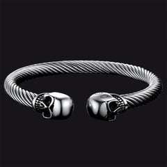 Twin Skull Cuff Twisted Cable Bangle Bracelet
