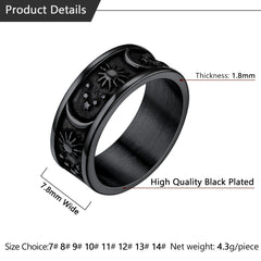 Anel masculino de aço inoxidável com faixa de sol, lua e estrela