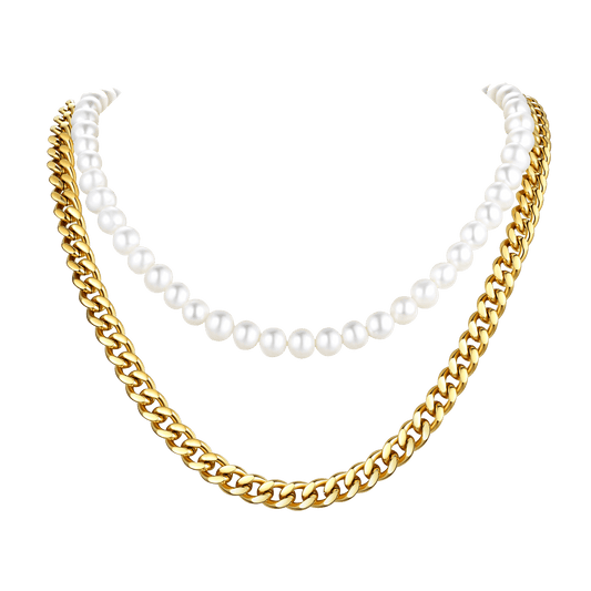 Colar feminino com corrente de elos cubanos e pérolas de água doce