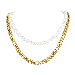 Colar feminino com corrente de elos cubanos e pérolas de água doce