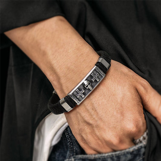 Gothic Black Skull Braided Leather Son Grandson Bracelet