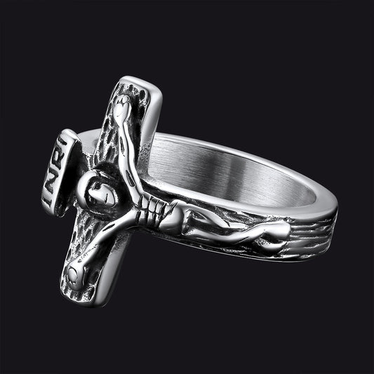 Anel masculino com crucifixo e cruz de Jesus cristão