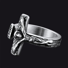 Anel masculino com crucifixo e cruz de Jesus cristão