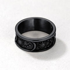 Anel masculino de aço inoxidável com faixa de sol, lua e estrela