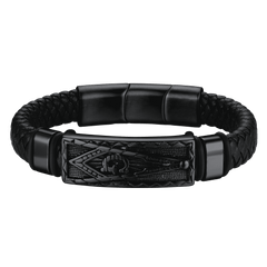 Pulseira Maçônica de Couro Preto Trançado com Bússola e Pai e Marido