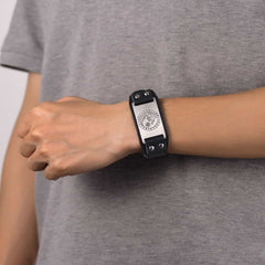 Pulseira de couro preta Viking Nordic Wolf