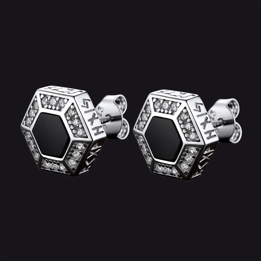 Brincos de pino Viking Rune Hexagon Black Onyx para homens
