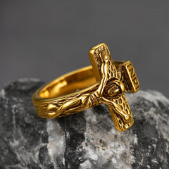 Anel masculino com crucifixo e cruz de Jesus cristão
