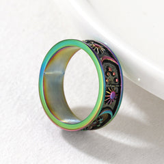 Anel masculino de aço inoxidável com faixa de sol, lua e estrela