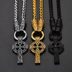 Colar de nó celta com cruz e corrente de corda de lobo masculino