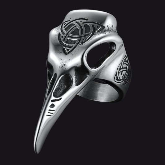 Anel de caveira de corvo viking com nó celta masculino