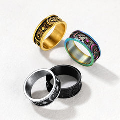 Anel masculino de aço inoxidável com faixa de sol, lua e estrela