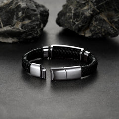 Pulseira Maçônica de Couro Preto Trançado com Bússola e Pai e Marido