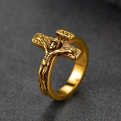 Anel masculino com crucifixo e cruz de Jesus cristão