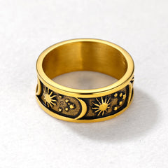 Anel masculino de aço inoxidável com faixa de sol, lua e estrela