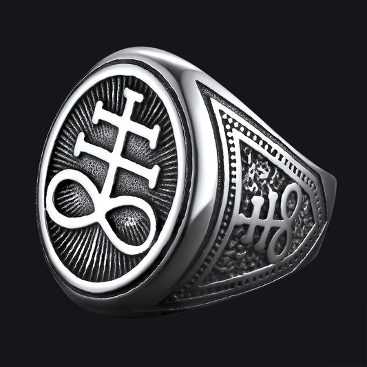 Satanic Leviathan Cross Signet Ring Men