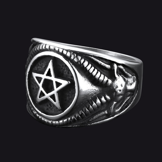Satanic Goat Pentagram Ring Baphomet Ring Men