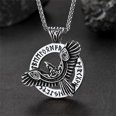 Viking Odins Raven Necklace Men Runes