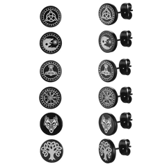 Conjunto de brincos Viking Rune Viking pretos para homens, 6 pares
