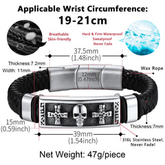 Pulseira de couro trançado com caveira preta gótica filho neto