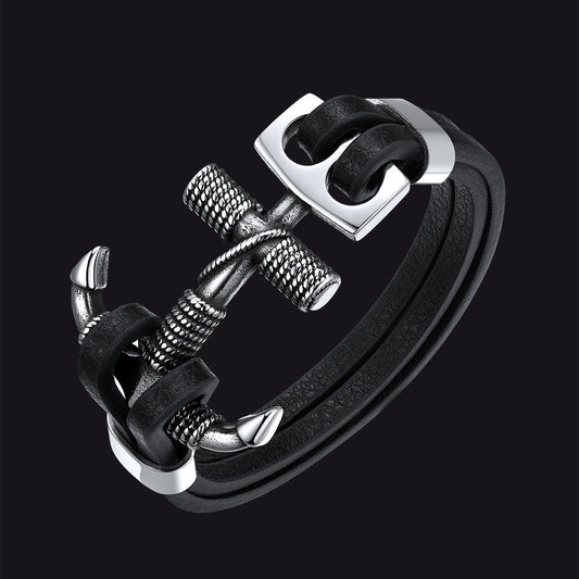 Viking Stainless Steel Anchor Black Leather Bracelet