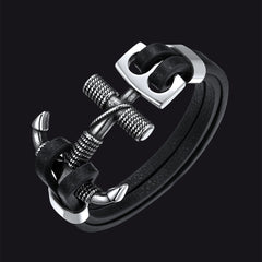Pulseira Viking de Aço Inoxidável Âncora de Couro Preto