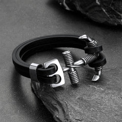 Pulseira Viking de Aço Inoxidável Âncora de Couro Preto