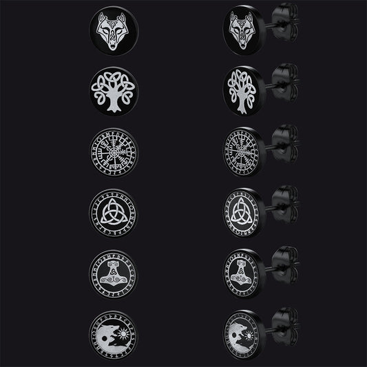 Conjunto de brincos Viking Rune Viking pretos para homens, 6 pares