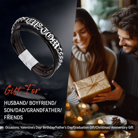 Pulseira de couro trançado com nomes personalizados e pai