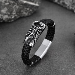 Pulseira de couro trançado preto escorpião punk presente filho neto pulseira