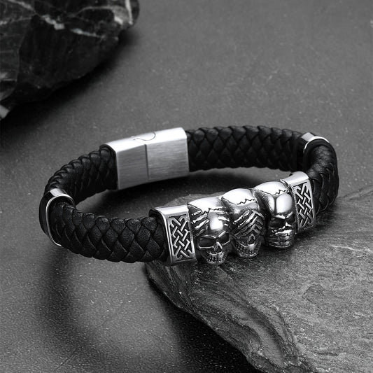 Gothic 3 Skull Braided Leather Gift Father Son Grandson Bracelet
