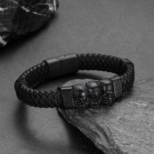 Gothic 3 Skull Braided Leather Gift Father Son Grandson Bracelet