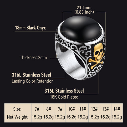 Anel de sinete gótico de ônix preto com caveira masculina