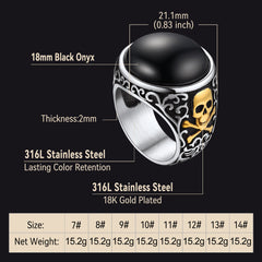 Anel de sinete gótico de ônix preto com caveira masculina