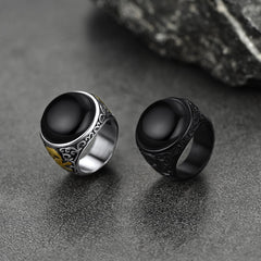 Anel de sinete gótico de ônix preto com caveira masculina