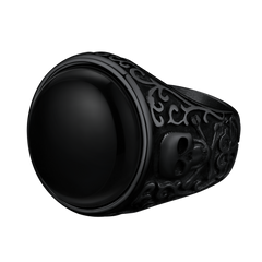 Anel de sinete gótico de ônix preto com caveira masculina