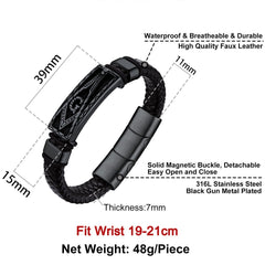 Pulseira Maçônica de Couro Preto Trançado com Bússola e Pai e Marido