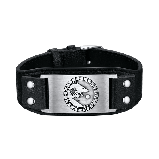 Pulseira de couro preta Viking Nordic Wolf