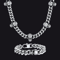 Gothic Skull Cuban Link Choker Chain & Bracelet Jewelry Set for Men