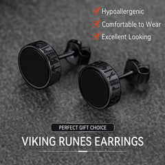 Brincos de pino Viking Rune de prata esterlina com runas Viking Rune de ônix preto para homens