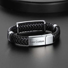 Pulseira de couro trançado preto com caveira e asas de filho