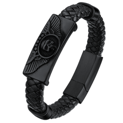 Pulseira de couro trançado preto com caveira e asas de filho