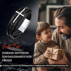 Pulseira de couro trançado com cruz cristã/presente para neto