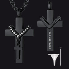 Colar com pingente de urna de cremação com cruz dupla personalizada e cinzas