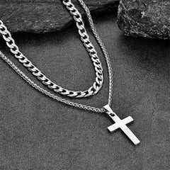 Cuban Chain & Cross Pendant Layered Necklace Set for Men Women