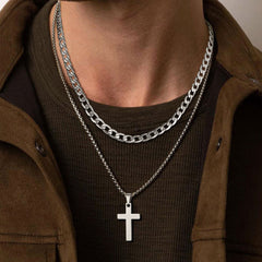 Cuban Chain & Cross Pendant Layered Necklace Set for Men Women