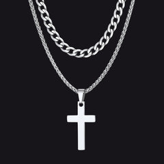 Cuban Chain & Cross Pendant Layered Necklace Set for Men Women